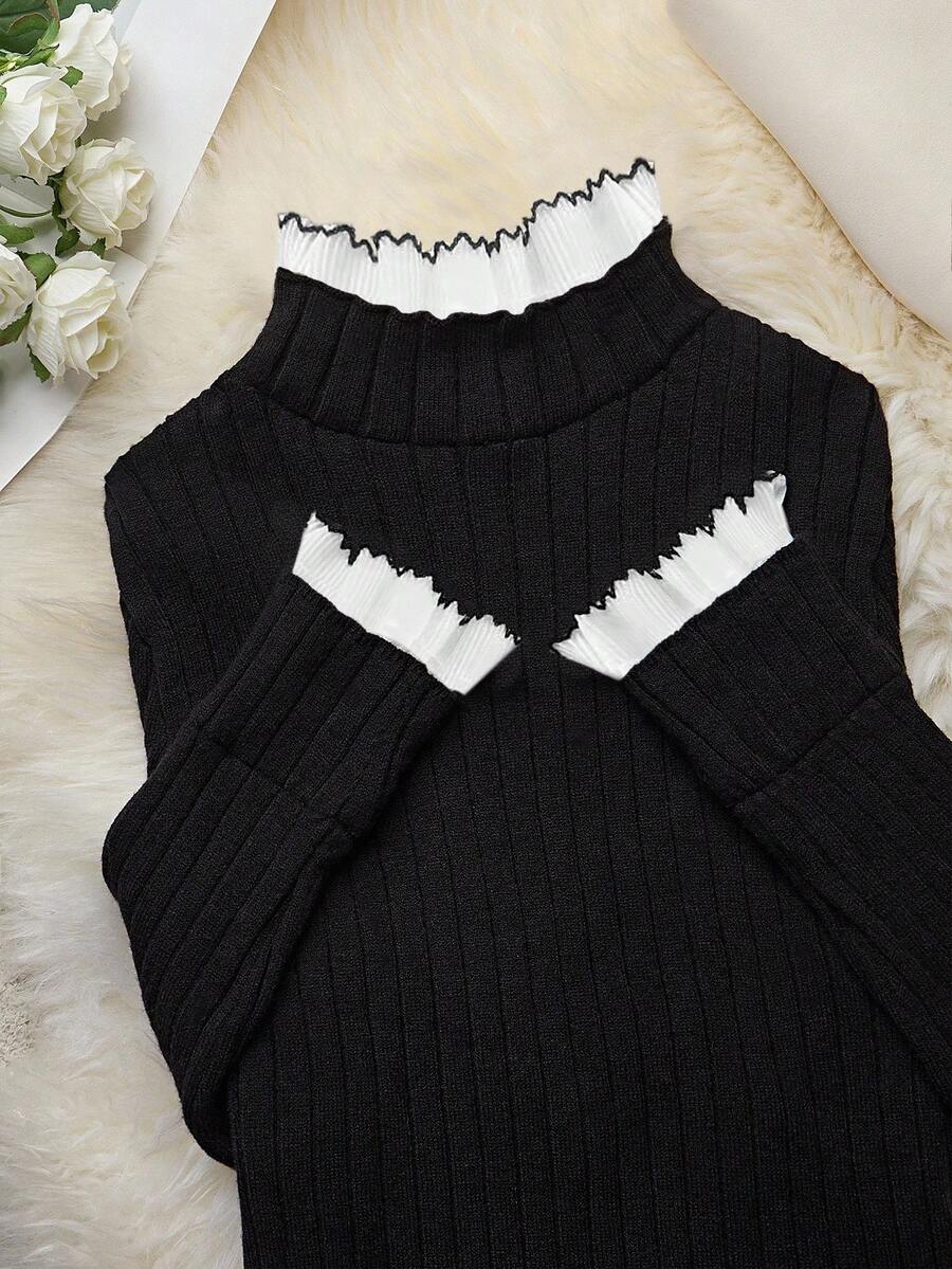 Franclia 休闲拼色立领修身毛衣，秋冬 - 黑色 - 查看 1