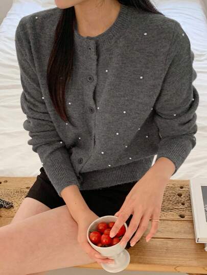 DAZY 女士纯色长袖休闲串珠短款开衫，秋季亮片