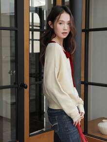 K-Vae 女士休闲蝴蝶结和草莓印花落肩长袖开衫女士蝴蝶结毛衣系带领毛衣纽扣毛衣针织开衫女士秋冬毛衣 - 彩色 - 查看 3