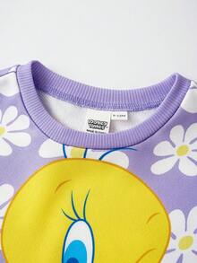 LOONEY TUNES X SHEIN Baby Girl Floral & Cartoon Pattern Crew Neck Loose Fit Long Sleeve Knit Sweatshirt Fall Winter - Purple - View 3