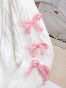 SHEIN Tween Girl Knitted Textured Colorblock Bow Crew Neck Casual Pullover Sweater, Comfortable & Cute, Suitable For Everyday Wear,In Fall/Winter