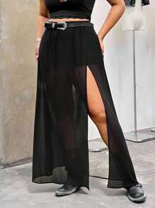 SHEIN EZwear 女士加大码半透明雪纺长裙，带侧开衩下摆