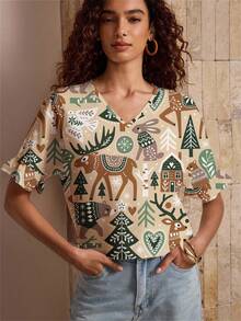 Shutterstock Glamance Women's Deer & Rabbit Print V-Neck Batwing Short Sleeve Casual Loose Shirt - Multicolor - View 1