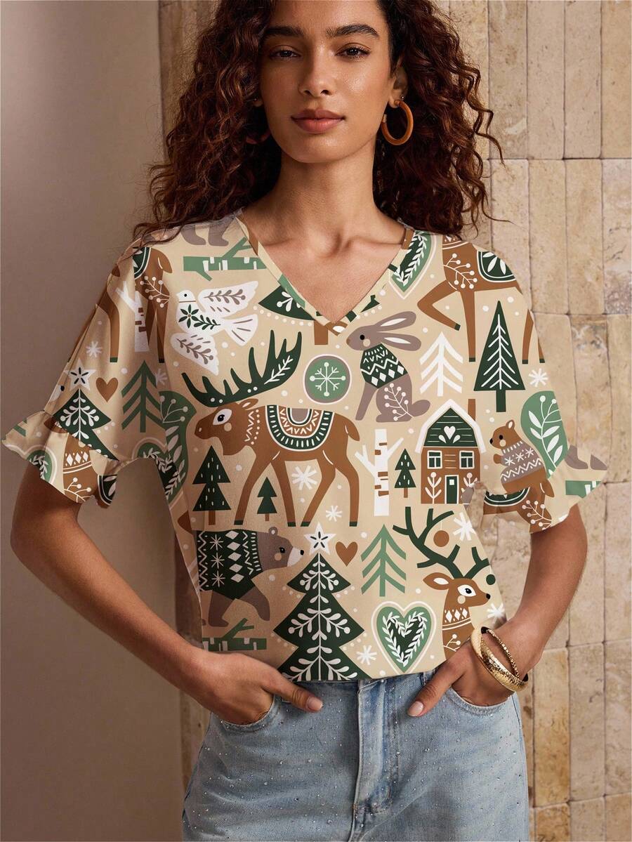 Shutterstock Glamance Women's Deer & Rabbit Print V-Neck Batwing Short Sleeve Casual Loose Shirt - Multicolor - View 1