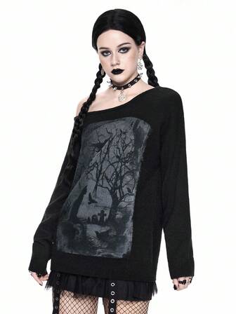 Goth Suéter de punto de manga larga con cuello asimétrico, estampado de gato misterioso de gran tamaño, árbol desnudo y silueta de murciélago, Halloween