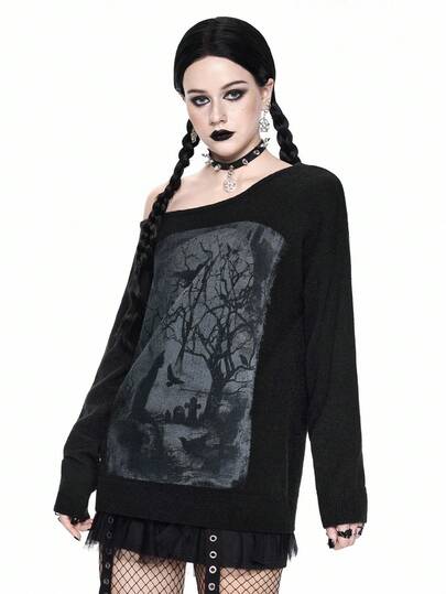 Goth Suéter de punto de manga larga con cuello asimétrico, estampado de gato misterioso de gran tamaño, árbol desnudo y silueta de murciélago, Halloween