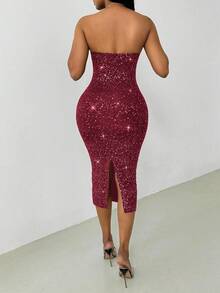 VaVaBold Party Gathering Fitted Bandeau Midi Dresses For Women - Burgundy - View 2
