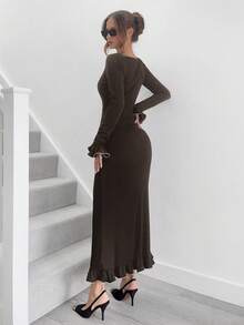 Siren Gaze 女士圆领喇叭袖鱼尾下摆优雅连衣裙生菜边连衣裙、感恩节连衣裙、圣诞派对连衣裙、新年连衣裙、除夕连衣裙，适合秋冬季 - 咖啡棕 - 查看 2