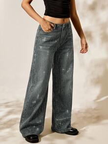 Easelle 时尚水洗水钻装饰阔腿牛仔裤 - 藍色 - 查看 5