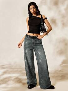 Easelle 时尚水洗水钻装饰阔腿牛仔裤 - 藍色 - 查看 8