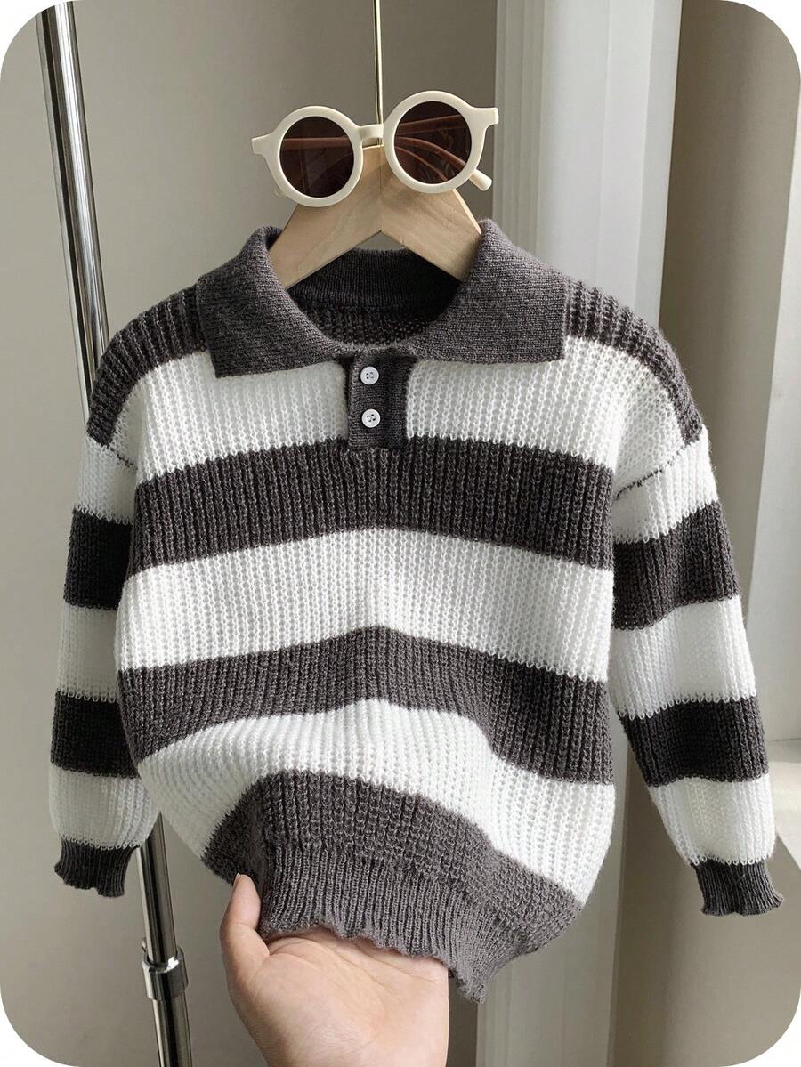 SHEIN 1 件 男孩休闲学院风舒适时尚简约实用百搭柔软舒适宽松条纹 Polo 衫适合生日派对、聚会、表演适合儿童服装男孩衣服学校返校男孩套装日常适合上学适合旅行适合运动适合秋冬季