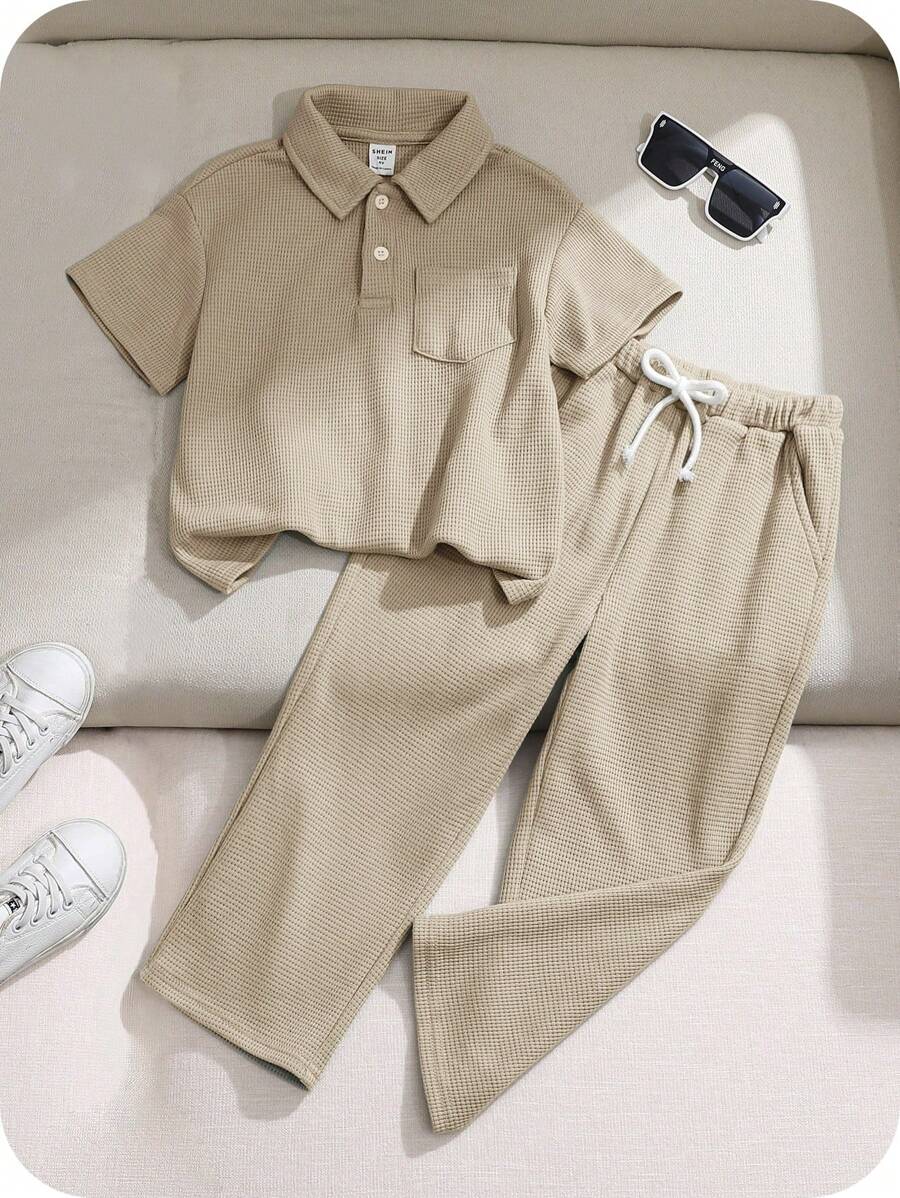 SHEIN 2pcs Boys Casual Loose Collar Short Sleeve Polo Shirt & Pants Set - Khaki - View 1