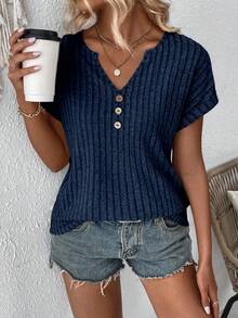 EMERY ROSE Women's Casual Everyday Solid Color Ribbed Knit Notched Neck Button Decor Short Sleeve T-Shirt, Summer - Navy Blue - View 3