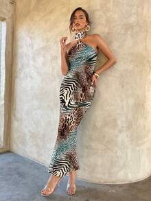 Aloruh Đầm maxi bodycon khoét lưng họa tiết da báo kaki thanh lịch và gợi cảm dành cho nữ kèm khóa kim loại trang trí, thích hợp cho tiệc tùng và tụ tập - trắng - Xem 7