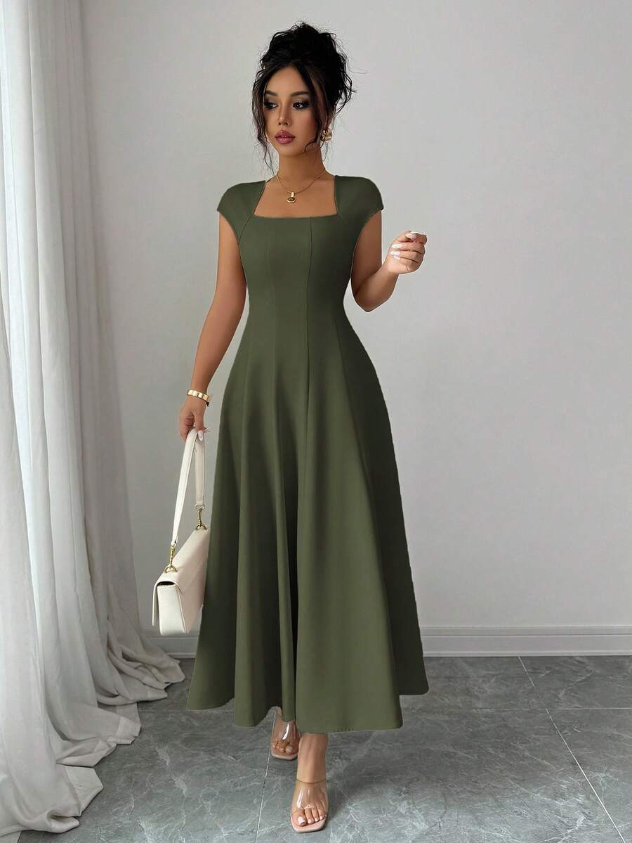 Elenzga Women's Elegant Solid Color Square Neck Waist Tie Splice A-Line Short Sleeve Midi Dress, Suitable For Commute, Beach, Vacation, Music Festival, Beer Festival - Army Green - View 1