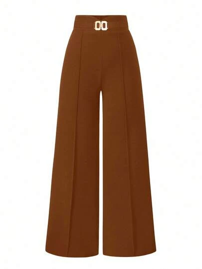 SHEIN Clasi Pantalones casuales anchos de trabajo para mujer con diseño de palillo de dientes y decoración de metal en la cintura de unicolor