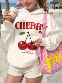 SHEIN 奶油白色，复古樱桃图案，青少年女孩休闲宽松连帽运动衫，舒适长袖，适合秋冬季