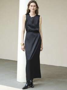 Uhlyne Women's 2 Pieces Set, Minimalist Jacquard Pleated Midi Skirt And Sleeveless Elegant Blouse, Chic Business Casual Outfit For Office, Wedding, Birthday, Church - Black - View 4