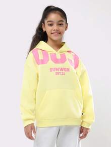 SUMWON Felpa con cappuccio oversize casual con logo pastello e tasca centrale per ragazze pre-adolescenti, abbigliamento sportivo e casual per l'inverno e l'autunno, Collezione EST 23 - Giallo - Visualizzare 2