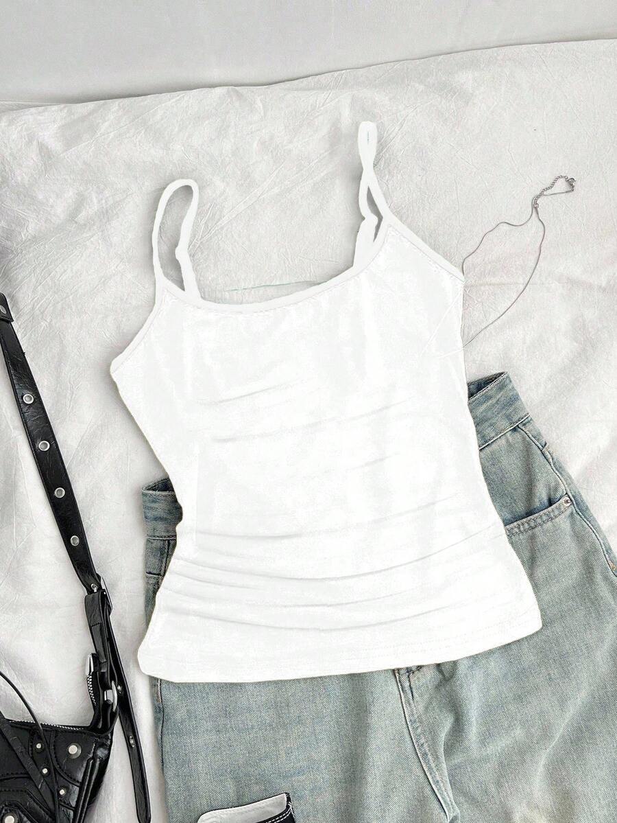 SHEIN Áo ba lỗ ngắn màu trắng, áo ba lỗ xếp ly ôm sát, thể thao thường ngày cho bé gái tuổi mới lớn, trang phục cơ bản cần thiết - Nhiều màu - Xem 1