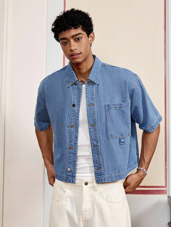 SWAVVY Men's Simple Stylish Button Short Sleeve Denim Jacket