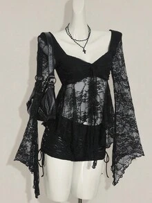 SHEIN ICON 女式甜心领喇叭袖蕾丝时尚上衣 - 黑色 - 查看 1