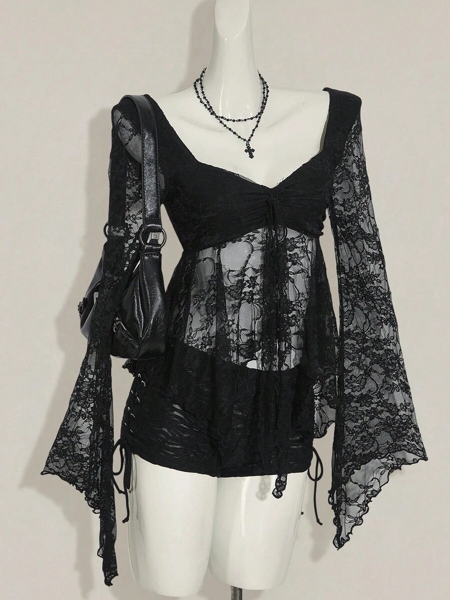 SHEIN ICON 女式甜心领喇叭袖蕾丝时尚上衣 - 黑色 - 查看 1