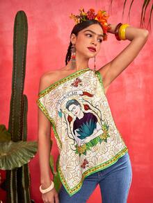 Frida Kahlo X SHEIN Figure Graphic Asymmetrical Neck Blouse - Multicolor - View 1
