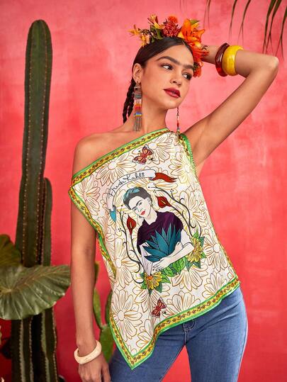 Frida Kahlo X SHEIN Figure Graphic Asymmetrical Neck Blouse