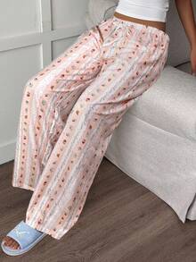 Aloruh New Romantic Striped Bubble Wrinkle Print Cute Cartoon Comfortable Versatile Lounge Pants - Pink - View 3