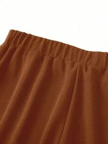 SHEIN Clasi 女士纯色腰部金属装饰牙签设计阔腿宽松休闲裤，适合工作 - 棕色 - 查看 3