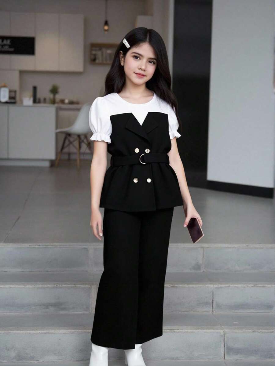 SHEIN Tween Girl Puff Sleeve Belted Top & Solid Color Flare Nine-Minute Pants Set, 2 Pieces Outfit Summer Holiday - Black - View 1