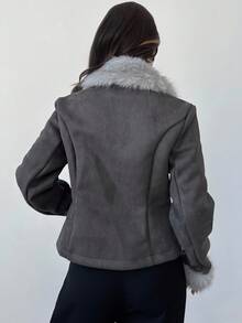 Firerie 女士休闲优雅仿皮草拼布外套/军绿色外套，皮草大衣/女士秋装/女士冬装/毛绒复合外套/秋冬日常出游装/毛绒防寒大衣 - 橄欖綠 - 查看 6