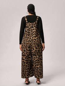 SHEIN Tall CURVE 大码女式休闲豹纹口袋宽松连体裤 - 棕色 - 查看 2