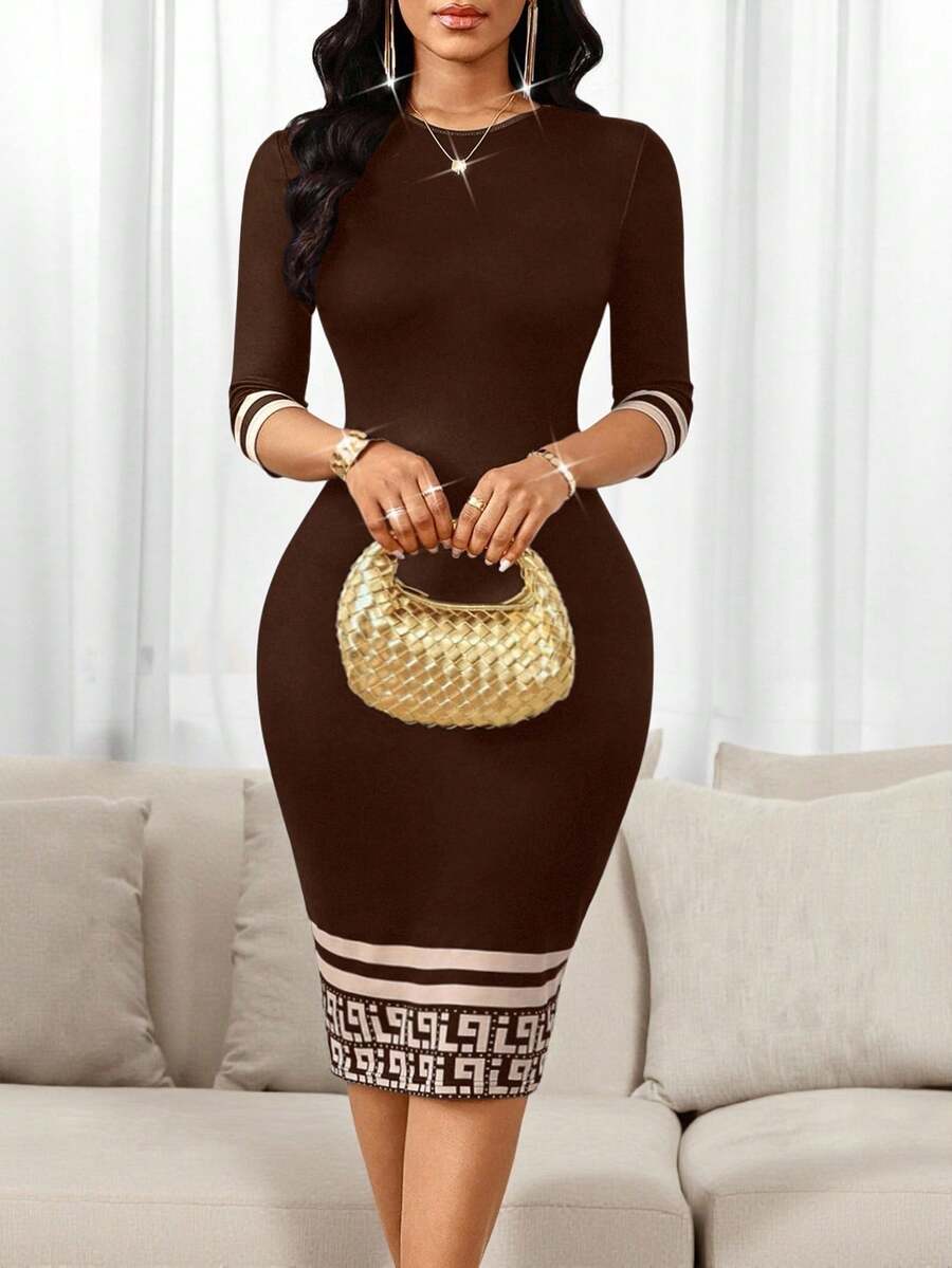 SHEIN Lady 春夏优雅通勤办公室彩色针织圆领铅笔中长七分袖连衣裙商务休闲女装 - 棕色 - 查看 1
