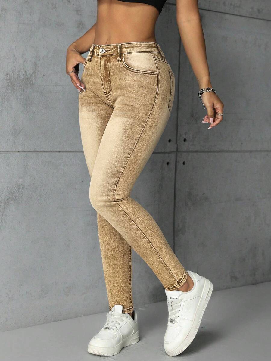 SHEIN ICON Jeans pitillo de mujer con bolsillos sesgados lavados - Caqui - Ver 1