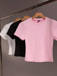 Hanevo 4pcs/Set Women's Solid Color Cropped Crew Neck Short Sleeve Fitted Tee Sportwear For Daily Wear - Multicolor - View 3