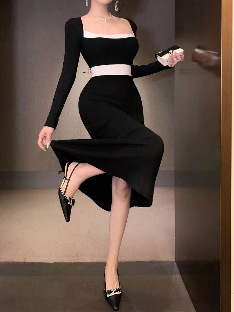 Women's Elegant Colorblock Square Neck Sweater Dress, Party Wear Prom Dress