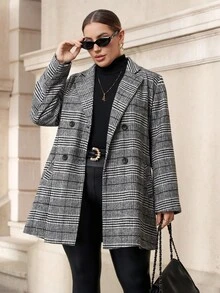 Chikora 大码灰色格子大衣，休闲商务通勤格纹夹克，秋冬季，灰色格子大衣，灰色大衣，秋冬保暖外套，女士长款外套，休闲工作日常穿着，灰色外套，保暖外套，女士冬季服装，女士秋季服装，圣诞节服装，新年服装 - 黑與白 - 查看 4