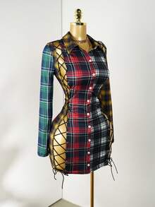 Mistrie 女式格子长袖单排扣镂空系带性感衬衫连衣裙 - 彩色 - 查看 3