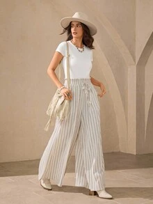Wildy Fall Country Chic  Outfits Women Casual Comfortable Linen Flared Pants In Apricot Color, Elastic Waistband With Pockets, Suitable For Daily Casual Outings And Vintage Style Wear, Suitable For Summer And Autumn Striped Wide Leg Pants Pleated Wide Leg Pants Striped Pants Wide Leg Summer Pants Summer Pants - Apricot - View 2