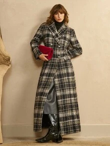 Arave Women's Plaid Material Wide Shoulder X-Shaped Suit Style Double-Breasted Pocket Flap Design Daily Commuting Mid-Length Coat Autumn Women's Business Casual Women's Plaid