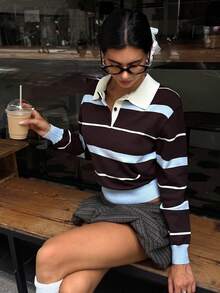 Aloruh Women's Autumn/Winter Collegiate Style Polo Collar Contrast Striped Brown And Blue Loose Knit Sweater,Brown Sweater,Fall - Multicolor - View 1