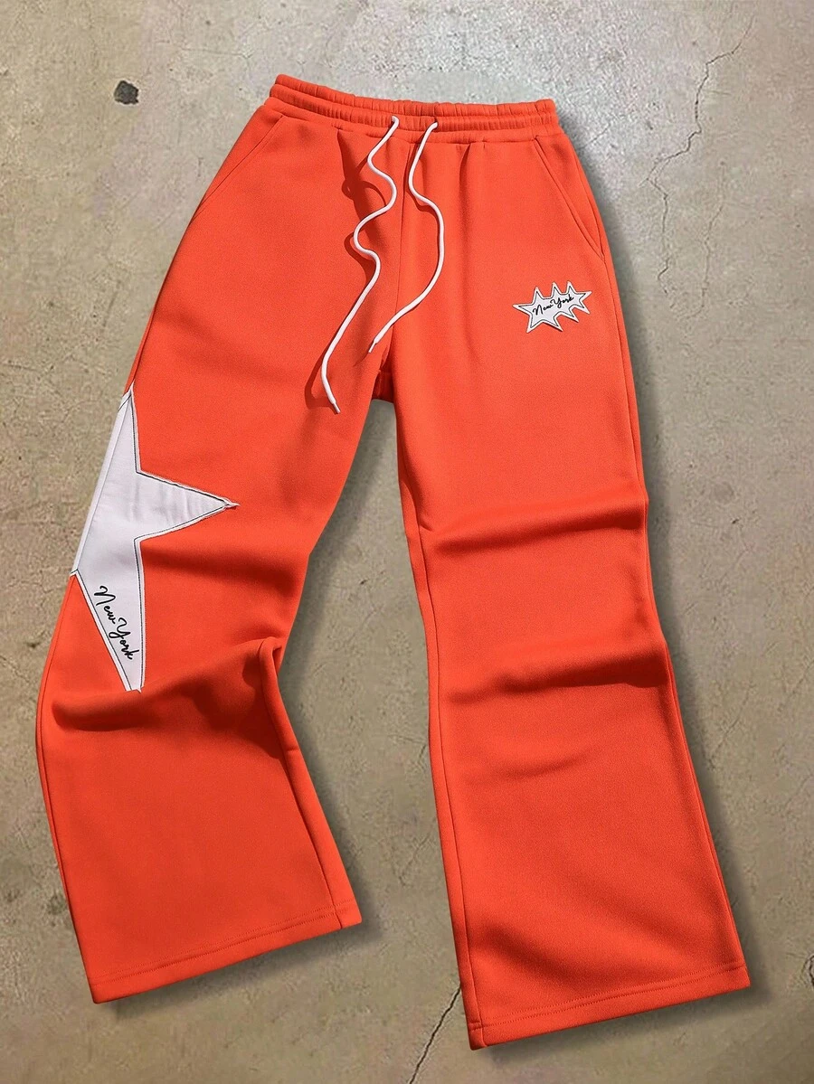 Manfinity EMRG Men's Letter & Star Print Drawstring Waist Pocket Loose Sweatpants - Burnt Orange - View 1