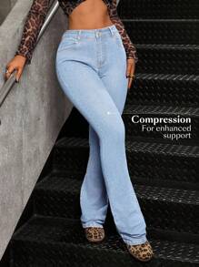 SHEIN Tall Women's Mid-Rise Casual Pocket Skinny Flared Jeans - Blue - View 5