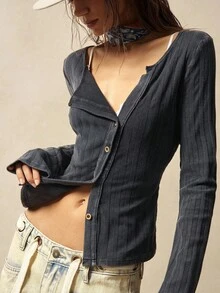 Bohemela BOHO 休闲纯色不对称领针织长袖女式上衣 - 黑色 - 查看 1