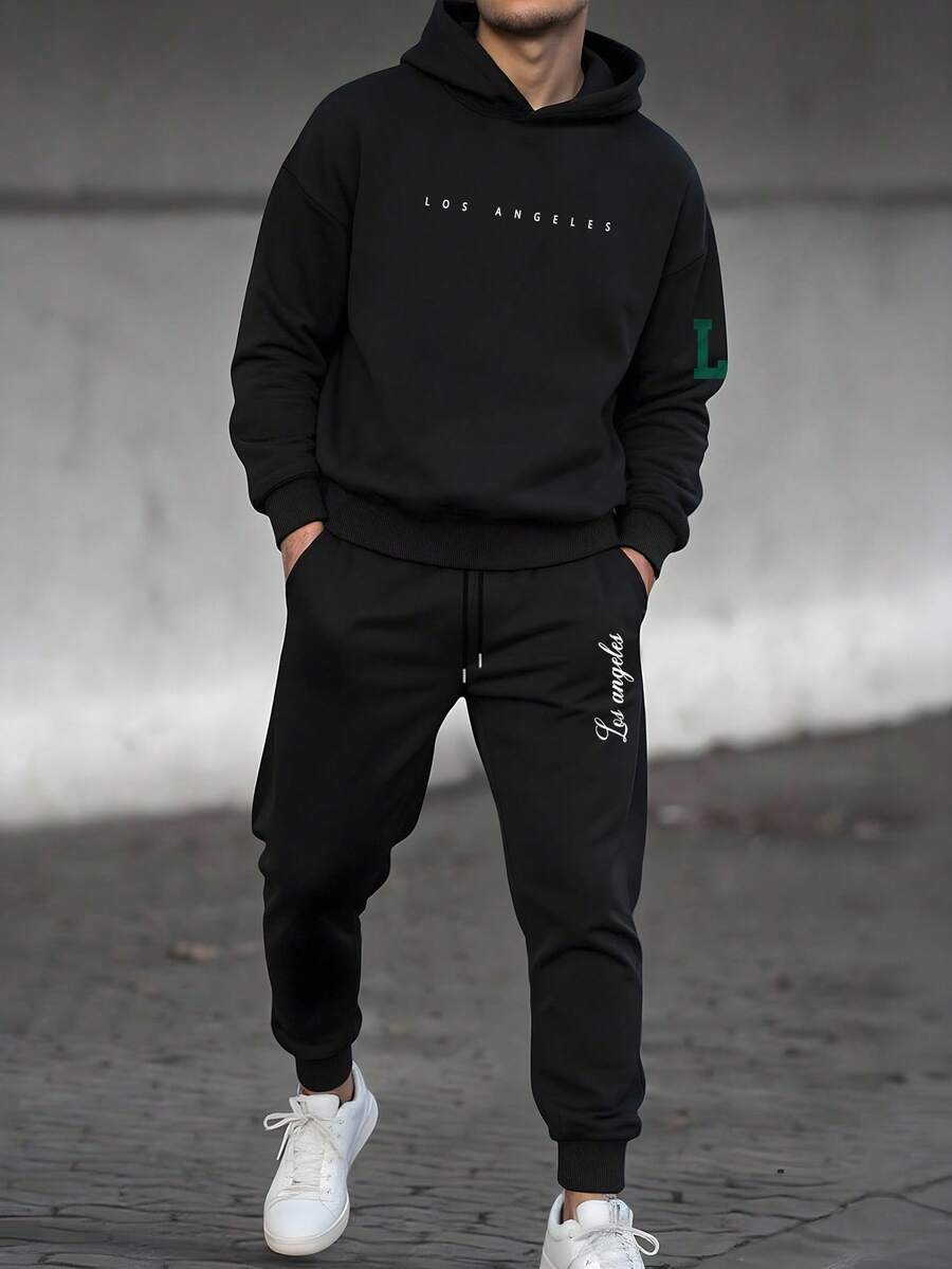 Manfinity Homme 2 件男士休闲字母标语图案印花运动衫和运动裤套装，洛杉矶运动服，秋冬服装 - 黑色 - 查看 1