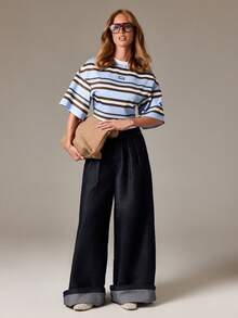 AiiRZ 复古超大号短款 T 恤条纹宽袖夏季休闲街头服饰节日上衣青少年 Y2K 90 年代时尚宽松短款 T 恤 - 霧霾藍 - 查看 5