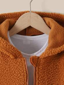 SHEIN Tween Girl Loose - Fit Brown Fuzzy Zip - Up Hooded Jacket With Letter - Patch Decoration, An Autumn And Winter Style, Suitable For Wearing To School, For Outings, At Parties, During Out - Of - Home Activities And For Sports. Zip Up Jackets Tween  Girls Fall Jacket Teddy Bear Jacket - Brown - View 6
