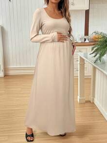SHEIN Vestido de maternidad de unicolor con drapeado para otoño - Albaricoque - Ver 4